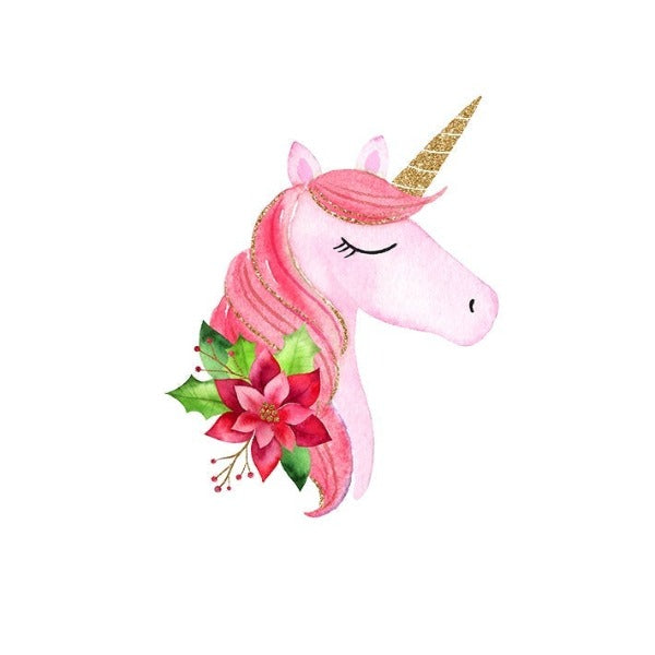 Pink Christmas unicorn ornament design.
